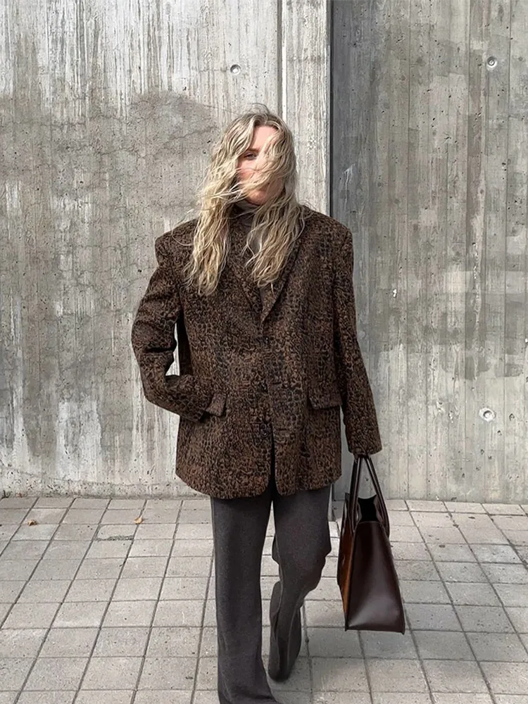 Women Brown Pleated Lapel Suit Jacket Vintage Single Button Long Sleeve Oversized Coats 2024 Autumn Lady Commuting Streetwear