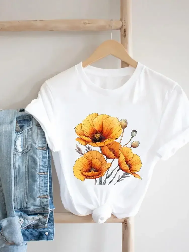 Ladies Casual Top Women Short Sleeve Tee Print Female Clothing T-Shirt Watercolor Flower Fashion Graphic Summer Aesthetic Clothe
