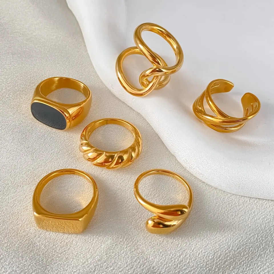 Hiraeva Vergoldete Edelstahl-Herzringe Set für Damen, Klobige Offene Verstellbare Minimalistische Modeschmuck – Detail 7
