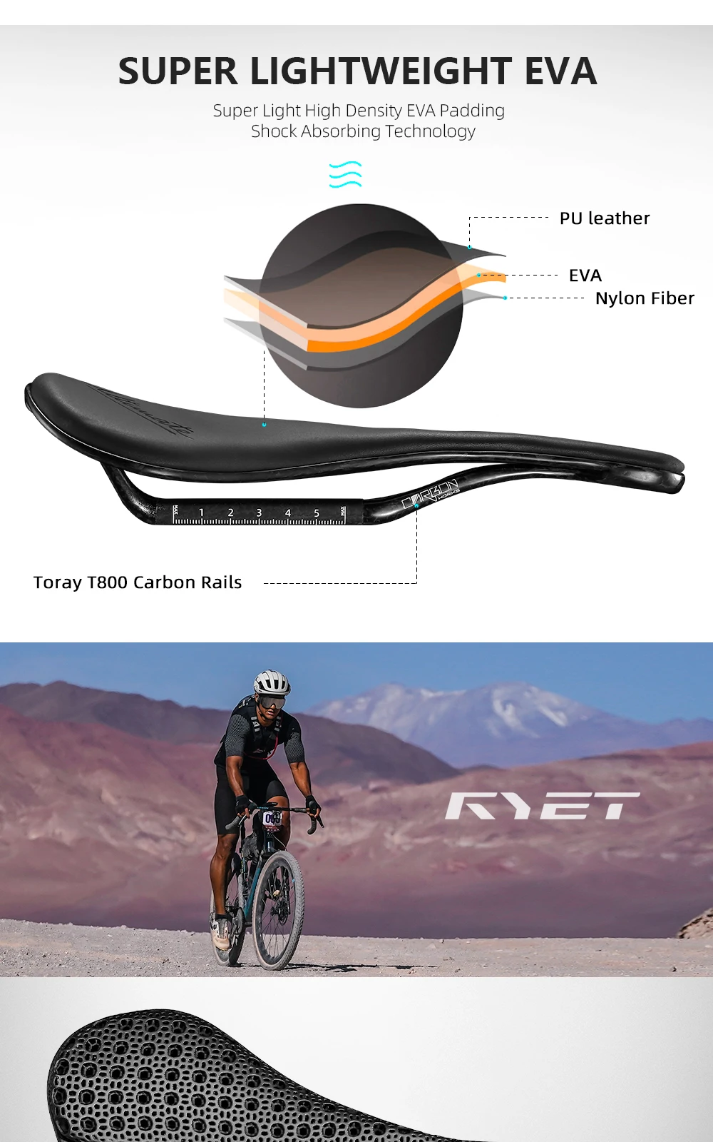 2026 RYET Carbon 3D-gedruckter Fahrradsattel 143MM 7*9 Fahrradsitz EVA 3D Triathlon Rennrad MTB Mountain Gravel Radfahren Polster Teile – Detail 9