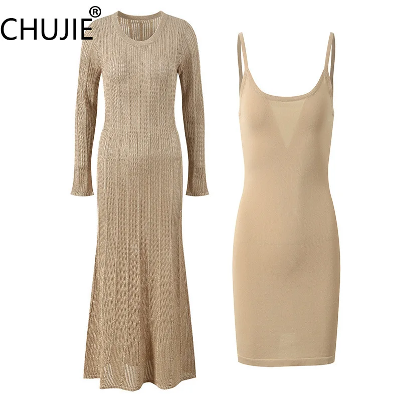 

Women's Vertical Stripe Knit Dress 2025 - Slim Fit Cutout Detail, Round Neck Long Dress with Adjustable Straps