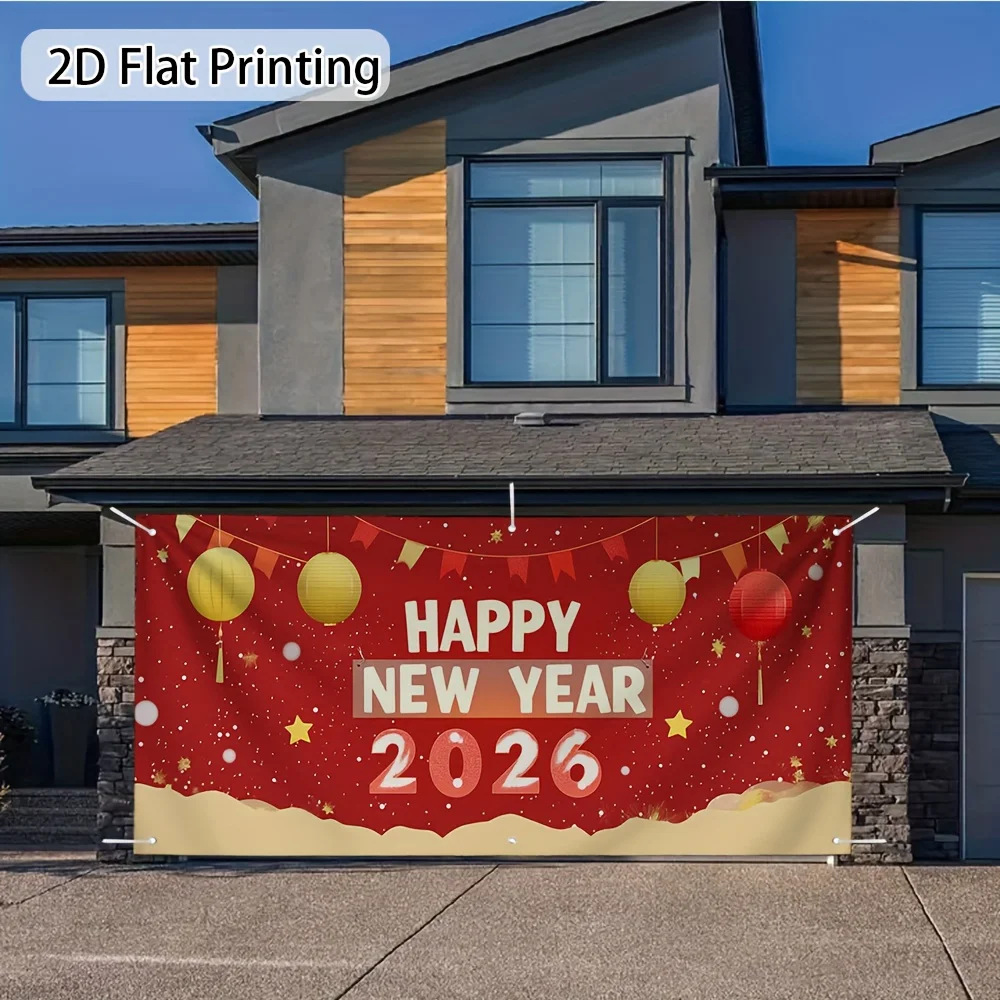 خطة ثنائية الأبعاد، 1 لافتة تزيين باب المرآب للعام الجديد السعيد 2026 - تصميم قوس بالون أحمر وذهبي مع نص "سنة جديدة سعيدة"