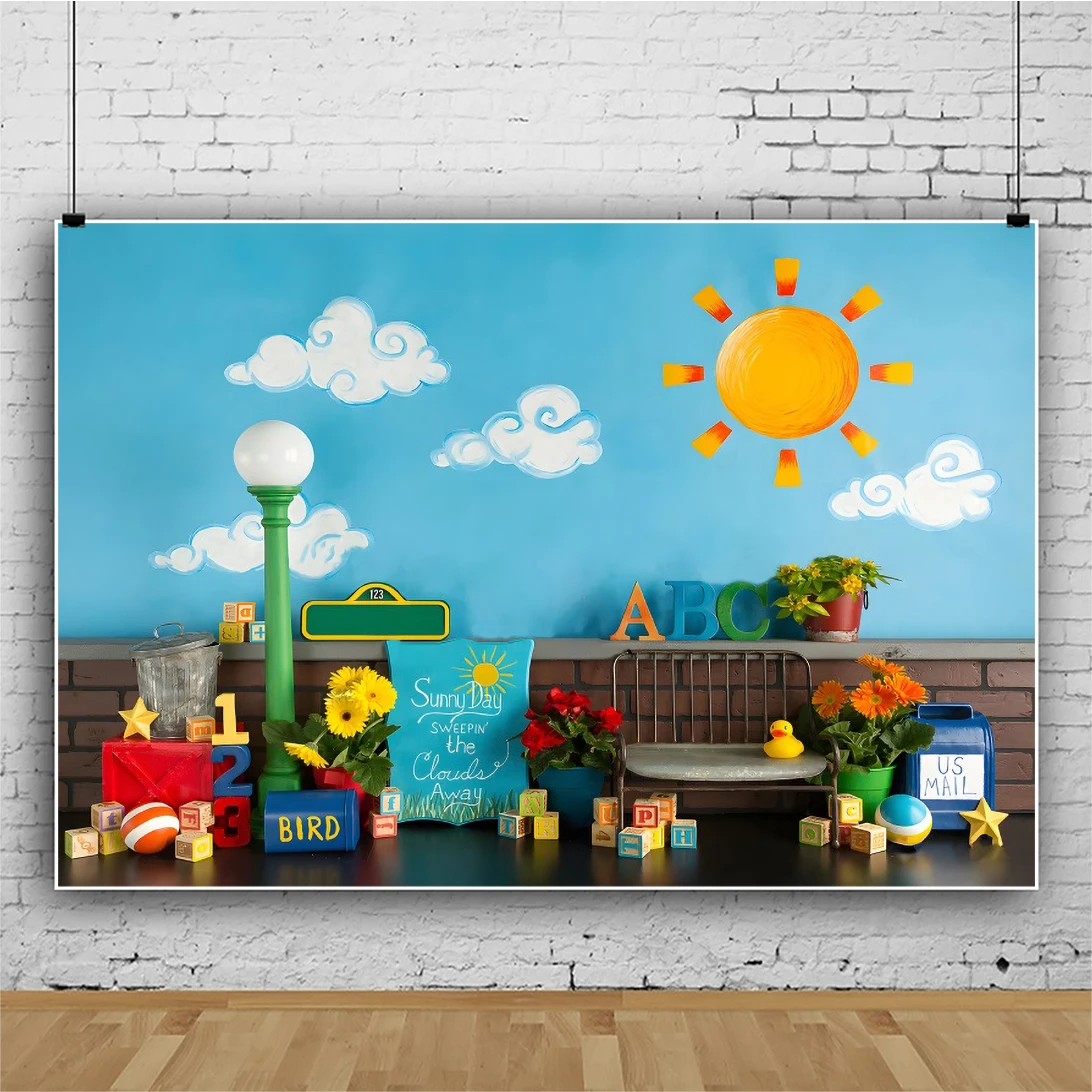 Laeacco Summer Hawaii Kids Playground Photography Background Cartoon White Cloud Blue Sky Newborn Child Art Portrait Backdrop