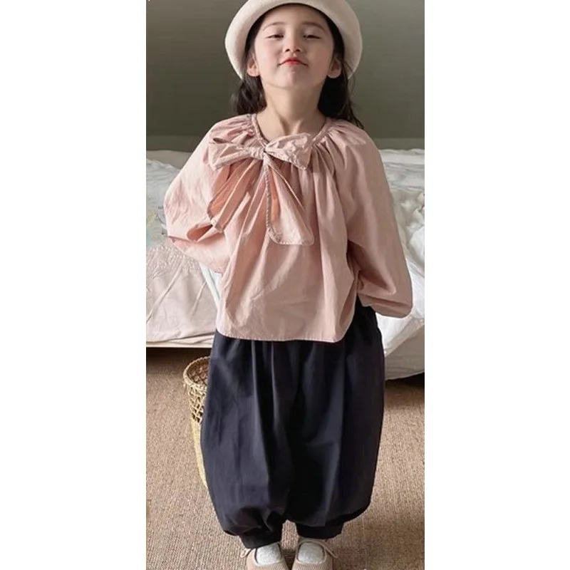 Girls' Set Japanese Loose Top with Lantern Pants 2026 Spring and Autumn Collection New Solid Color Children's Clothing