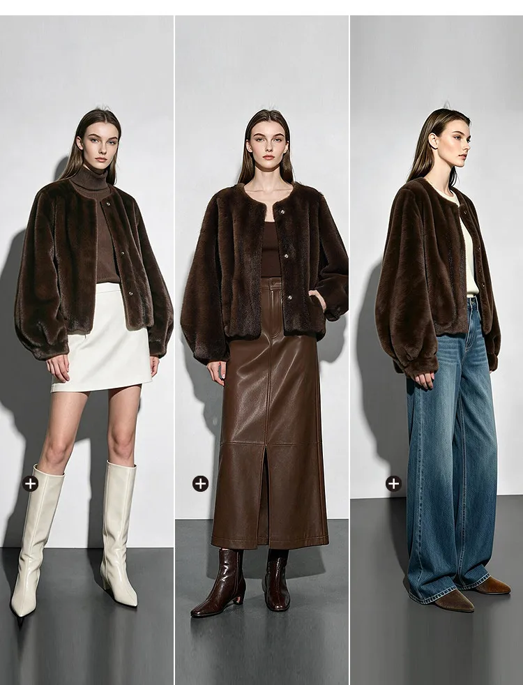 Amii Crew Neck Faux Fur Coat Lantern Sleeve Loose Fit Warm Light Luxury Minimalist 2026 Winter Women's Fur Coat 12624109