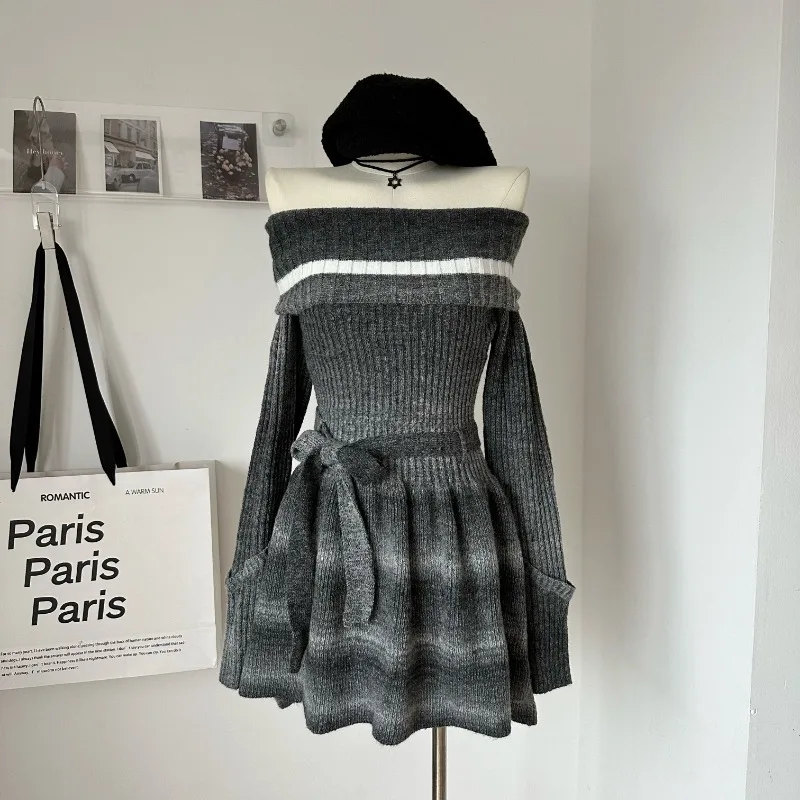 

Sweet Hot Girl Off Shoulder Knitted Dress Women's Spring and Autumn Long-sleeved Slim Fit A-line Short Dress Female Clothes