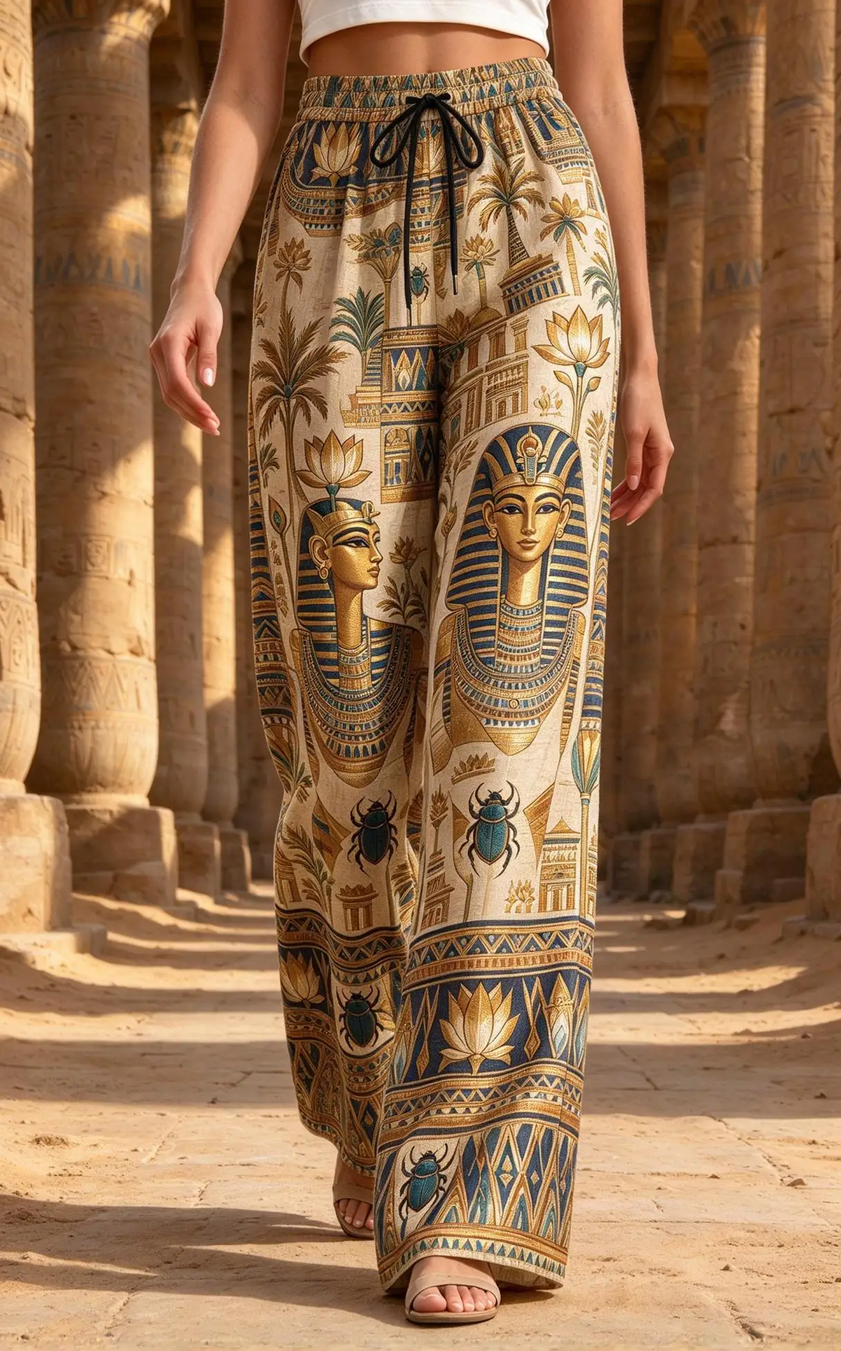 Women Drawstring Wide Leg Pants Ancient Egyptian Pharaoh Scarab Lotus Print Loose Bohemian Trousers