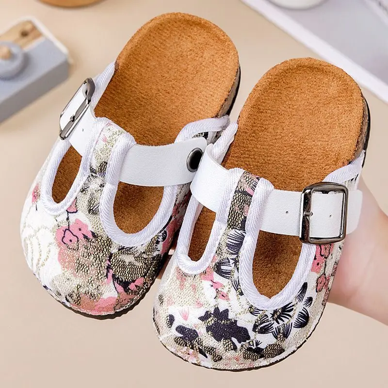Childrens 2026 Spring Autumn Retro Cork Slip On Mules Closed Toe Semi Slide Fashion Shoes for Boys and Girls