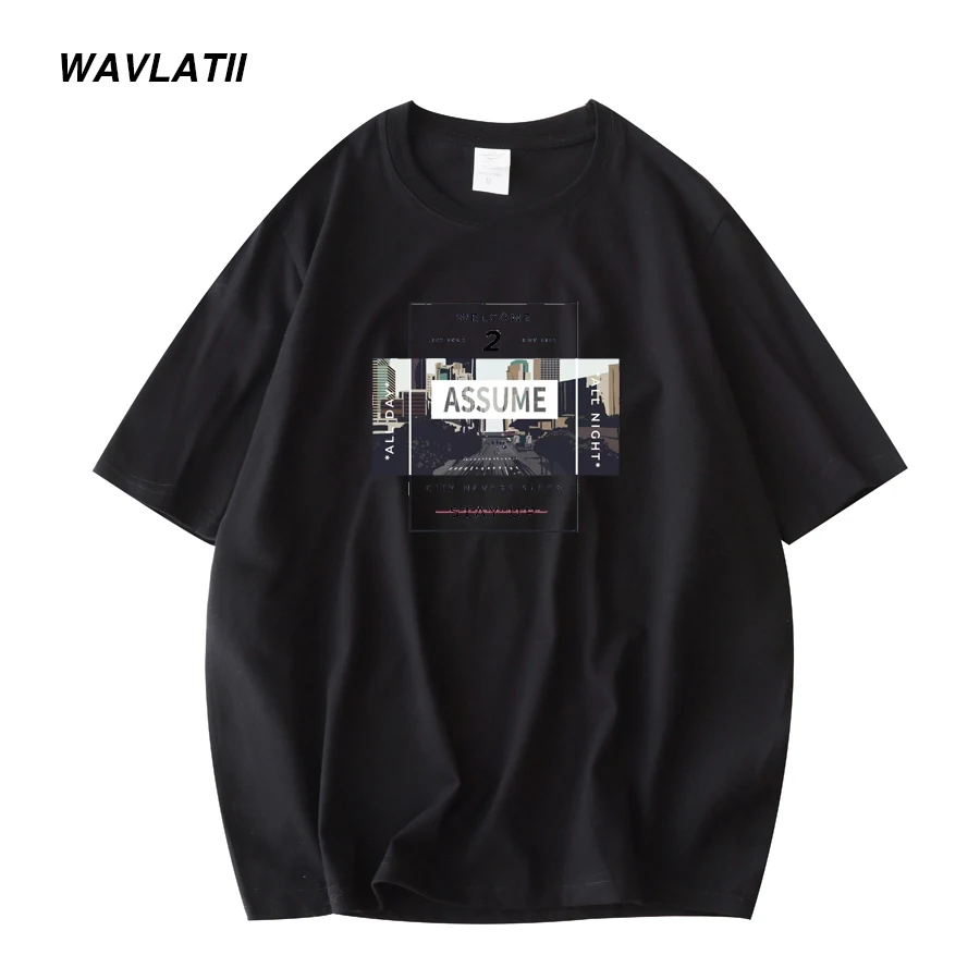 WAVLATII New Cool Print Cotton T shirts for Men Khaki O-neck Short Sleeve Tees Male Black White Summer Casual Tops WMT2303