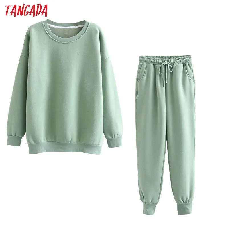 Tangada 2022 Autumn Winter Women warm yellow fleece 100% cotton suit 2 pieces sets o neck hoodies sweatshirt pants suits 6L24