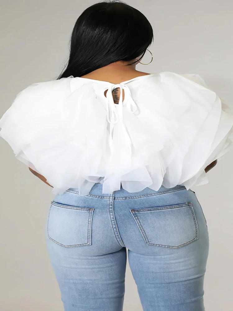 Women Chiffon Cape Style Shirt Top 2022 Summer Streetwear Elegant Chic Blouse White