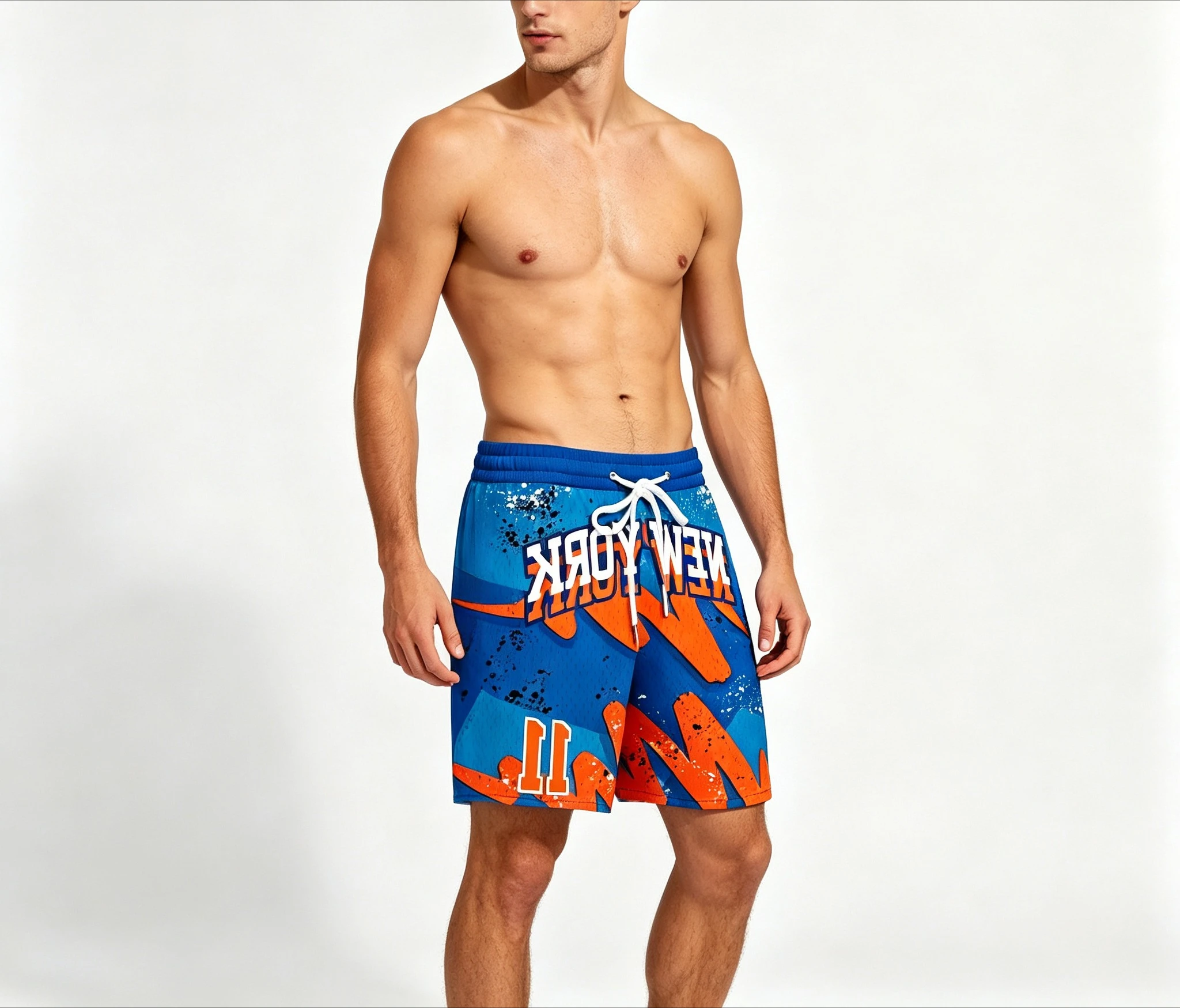 Hot Sale Retro NEW YORK Letter Pattern Print Blue & Orange Shorts with Paint Splatter Number 11 Trend Thin Vacation Shorts Moto