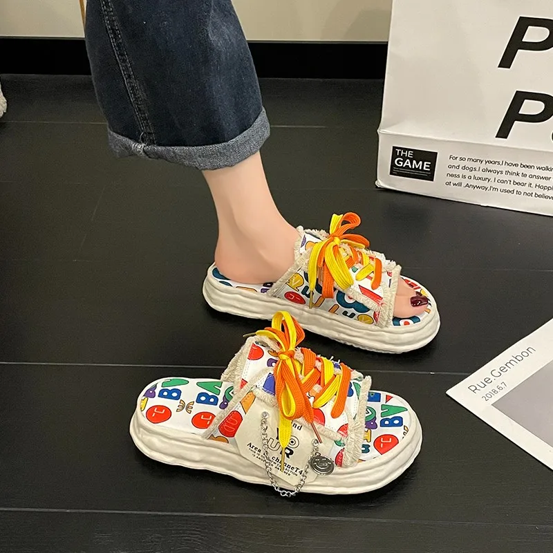 Women Summer Sandals Fashion Platform Slippers Chain Decoration Garden Shoes Candy Color Slides Flip Flops Outdoor Casual Shoes