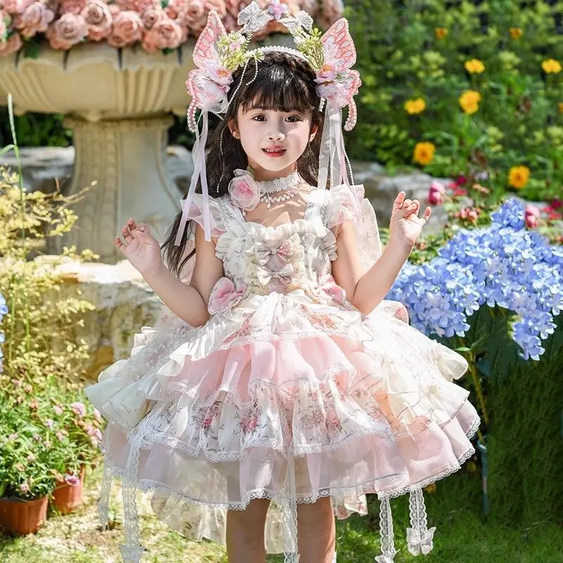 2026Children's Printed Lolita Princess Skirt Kids' Summer New Breathable Dress Girls' Lace Sleeveless Lolita Skirt For GiftLI830