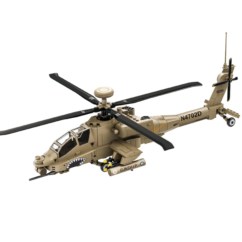 2024 US Army WW2 Military Air Weapon AH-64 Helicopter Gunships Apache Model Building Blocks Classic Fighter Bricks Aircraft Toys