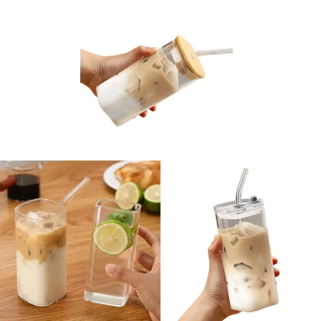  Glass Drinking Cup 350ML with Straw Glass Cups Beverage Cups Water Cup Glass Texture Suitable for Office and Student
