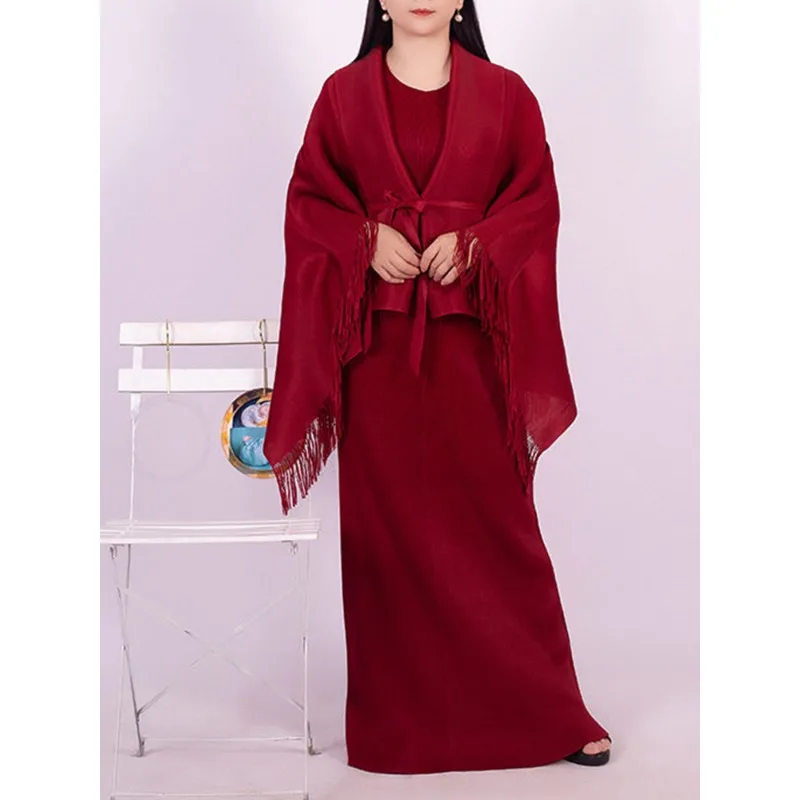 GGHK Miyake Pleated Two-piece Sets Women's Fashion Long Elegant Dresses Solid Color Lace-up Fringed Cape Autumn 2023 Female Set