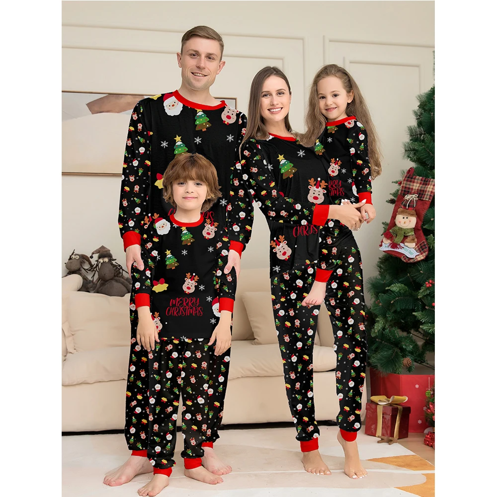 Autumn Winter Christmas Mom Daughter Dad Son Matching Pajamas Kids Women Men Black Print Sleepwear Set Family Look Baby Romper