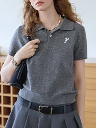 FSLE【2 Version】Women Polo Knitted Sweater 47.9% Wool Office Lady Grey Long Sleeve 2025 Spring Cardigan 25FS11208+25FS11363