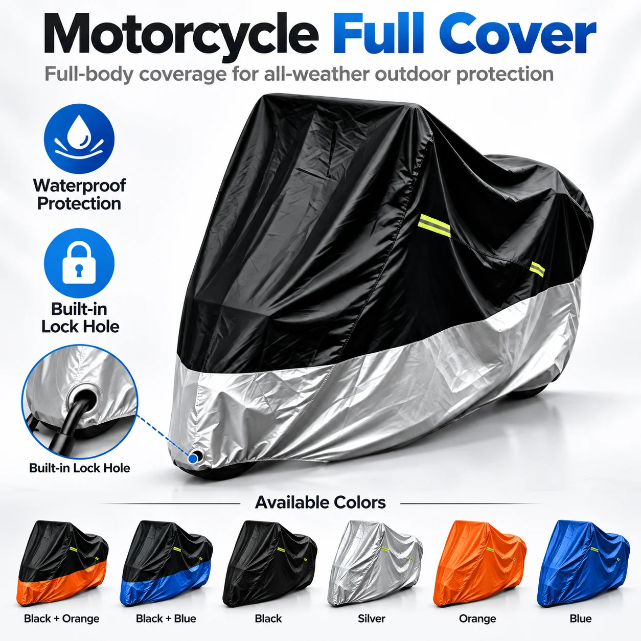 190T Polyester Taffeta Motorcycle Cover PU Coated Waterproof Dustproof UV‑Resistant All‑Season Motorbike Protector M‑4XL Multipl