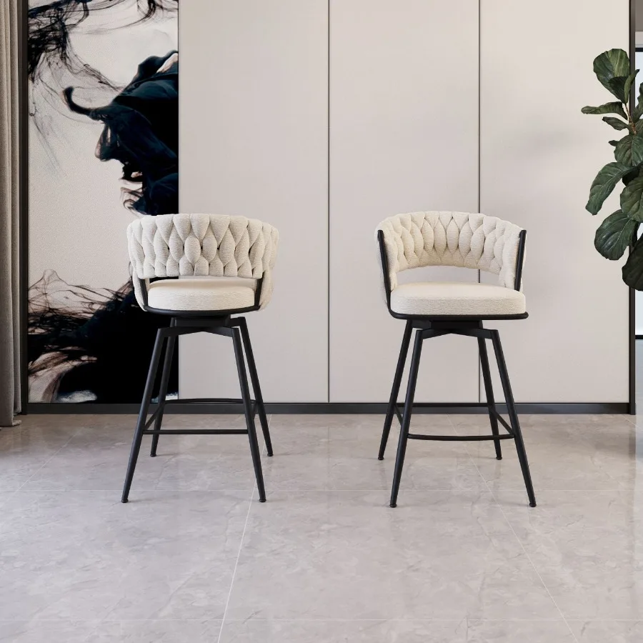 

26 Bar Chair Linen Woven Bar Stool Set of 2 Black legs Barstools No Adjustable Kitchen Island Chairs 360 Swivel Bar Stools Upho