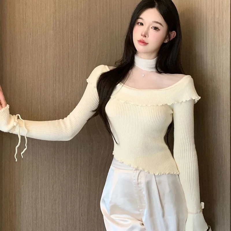Chicไม่สม่ําเสมอถักPulloversผู้หญิงHottieตาข่ายPatchwork Bottomingเสื้อแฟชั่นฤดูใบไม้ร่วงSlim Fit Elegantหญิงเสื้อ
