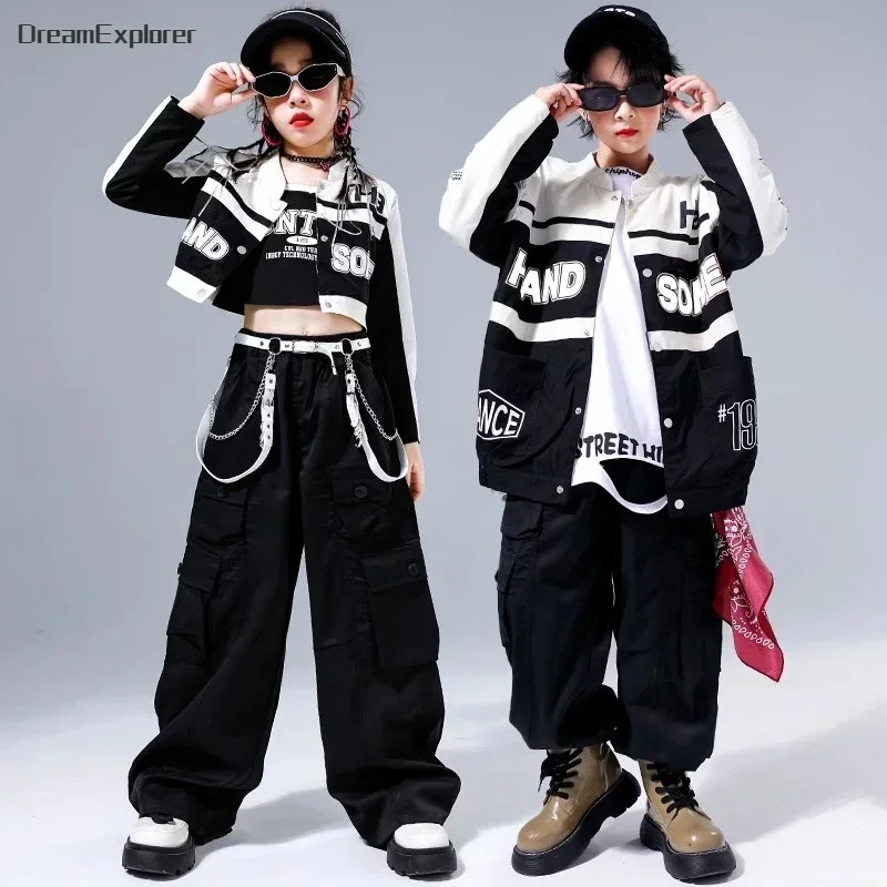 Hip Hop Girls Motorcycle Sport Cropped Jacket Cargo Pants Boys Street Dance Coat Clothes Sets Kids Streetwear Child Jazz Costume