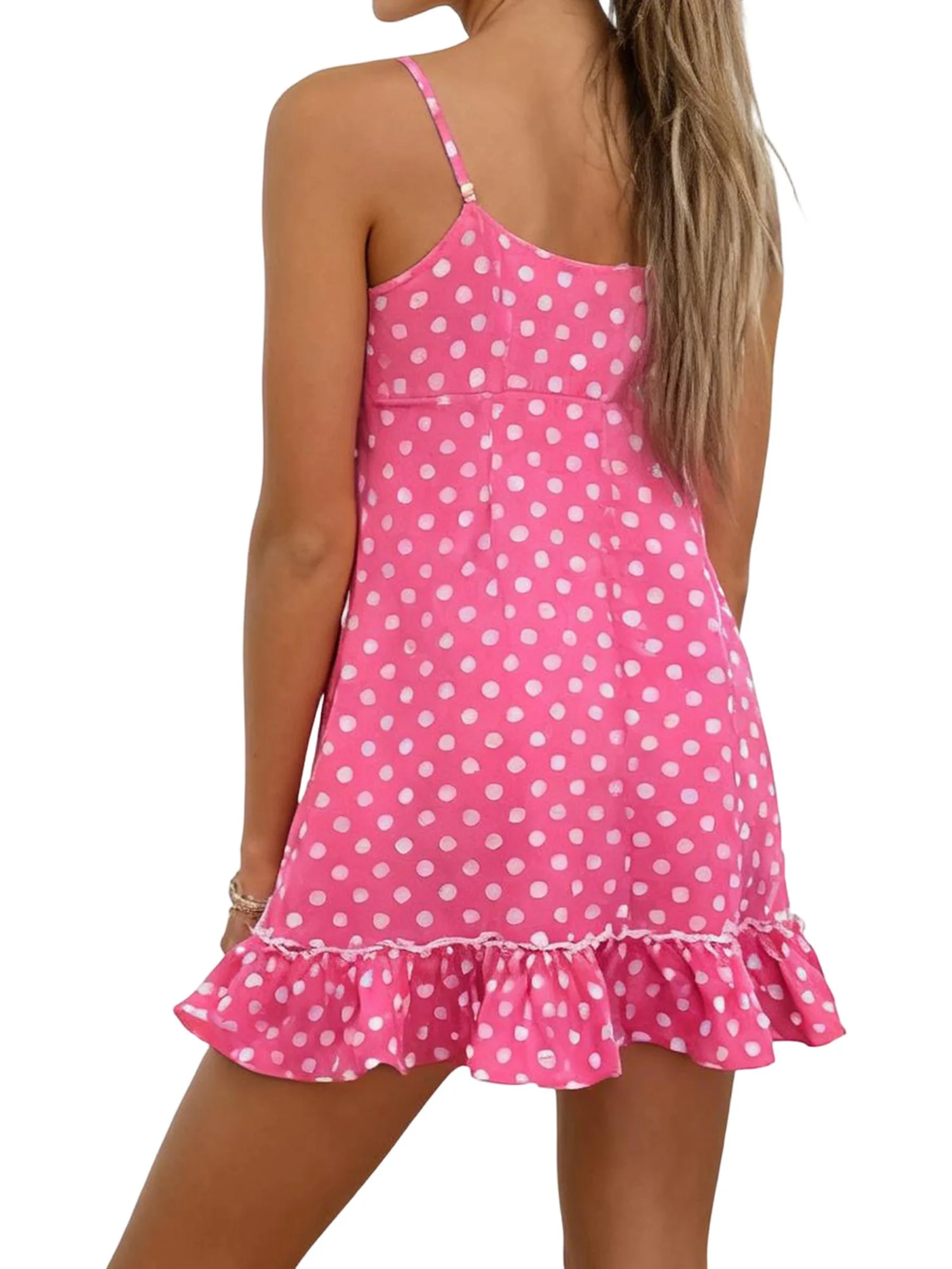 فساتين كرونستيل النسائية الصغيرة المنقطة فستان كامي صيفي عصري بدون أكمام بحزام سباغيتي وحاشية مكشكشة