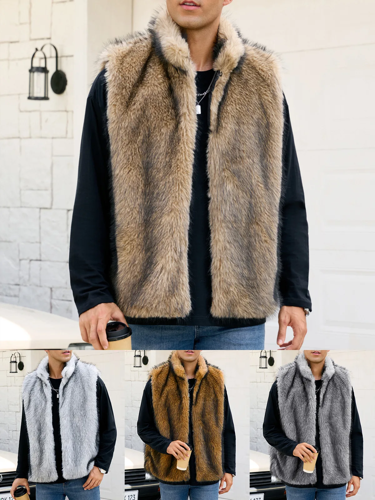 

Men's Stand-Up Collar Faux Fur Vest 2025 New Fashion Artificial Fur Coat Trendy Men's Outerwear
