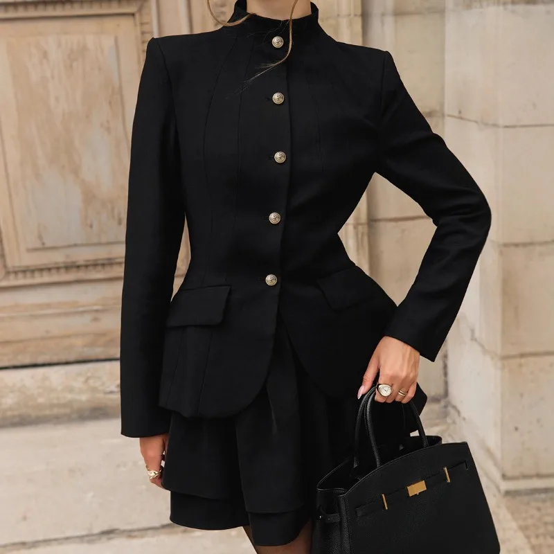 

Fall Winter Retro Temperament Versatile Suit Top Fashion Short Skirt Two-piece Women's Single Row Multiple Buttons Commuter Suit