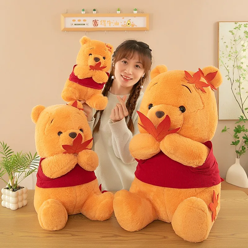 New Disney Kawaii Plush Toy Big Winnie The Pooh Bear Stuffed Doll Maple Leaf Cute Filled Animal Kids Birthday Gift Pillow Prize