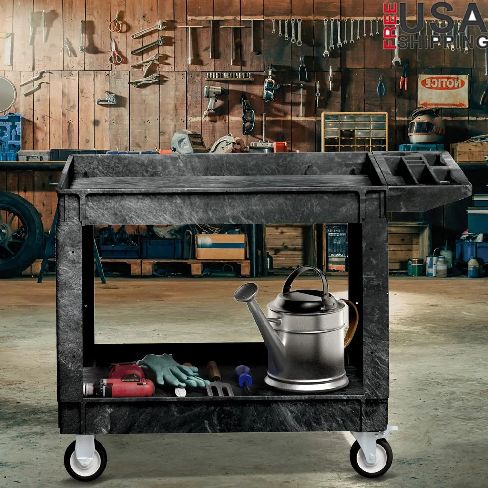 

Heavy Duty Plastic Utility Cart 550lbs Capacity Rolling Service Cart with Locking Wheels Indoor Outdoor Use 2 Tier Shelves