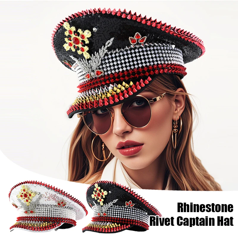 Steampunk Captain Hat Rivet Sequin Masquerade Festive Performances Unisex Adult Military Cap Rhinestone Festival Halloween Hat