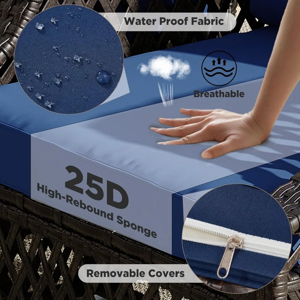 Set Kursi Putar Luar Ruangan 3 Buah, Set Bistro Teras Anyaman dengan Bantal 25D Tebal dan Meja Kopi Kaca, Furnitur Teras C