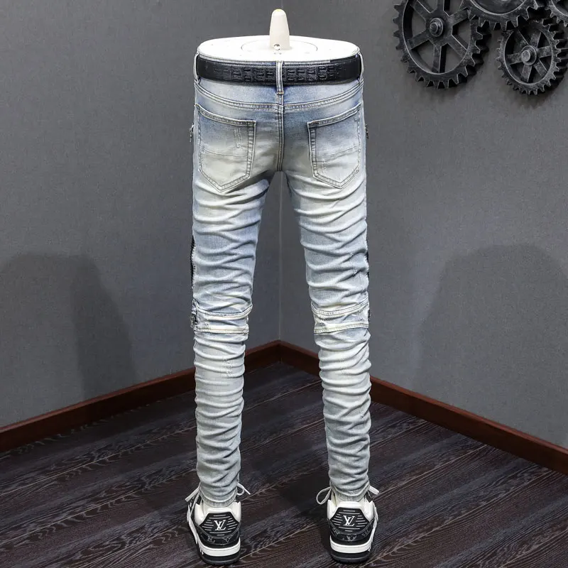 Y2K Designer Fashion New Men's Jeans Zipper Decoration Water Washed Nostalgic Stretch Slim Fit Retro Light Blue Jeans High Stree