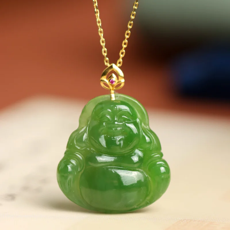 18K الذهب مطعمة اليشم الهيتي و جاسبر بوذا قلادة قلادة المرأة #2