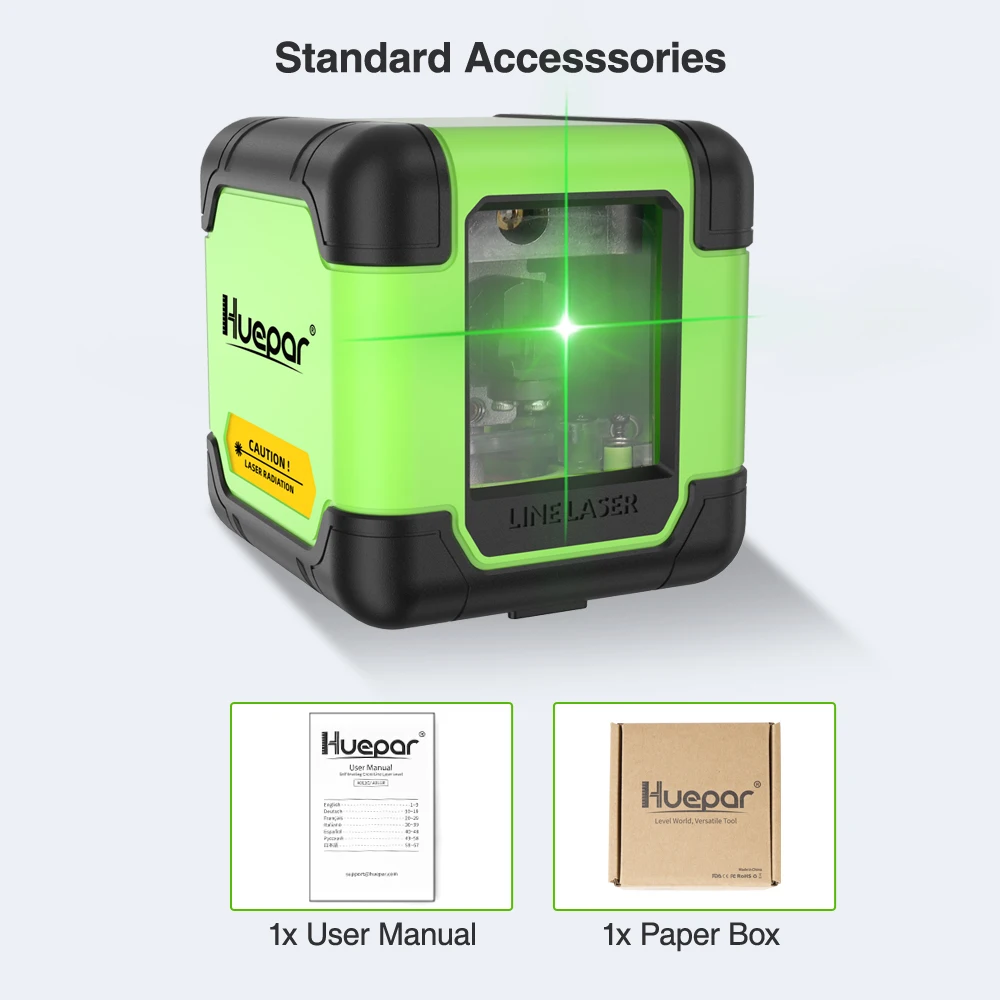 Huepar A011G Cross Line Laser Level 2 Lines Germany Imported Green Beam Horizontal & Vertical Lines One Button Design Laser Tool