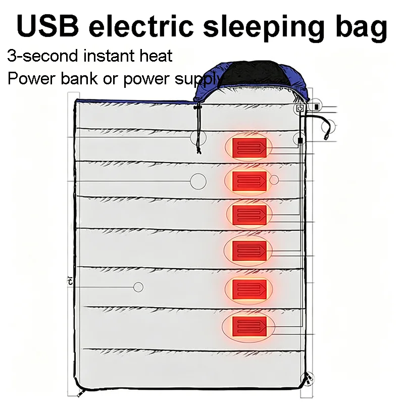 USB Heating Sleeping Bag Thicken Camping Hiking Connection To Power Bank Winter Autumn Sleeping Bag Outdoor Survival Camp Gear