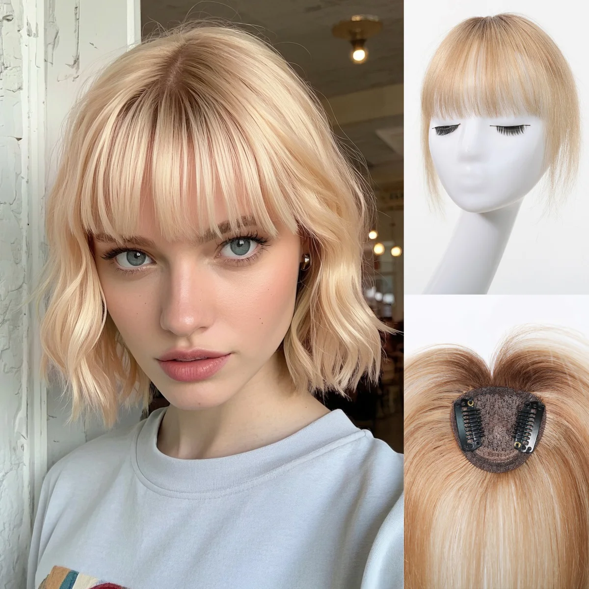 100% شعر بشري أشقر أومبير بلانت قص الانفجارات Wispy مع سوالف 5x5 سنتيمتر كليب في هامش هيربيسي مع رقعة شعر علوية للاستخدام اليومي #1