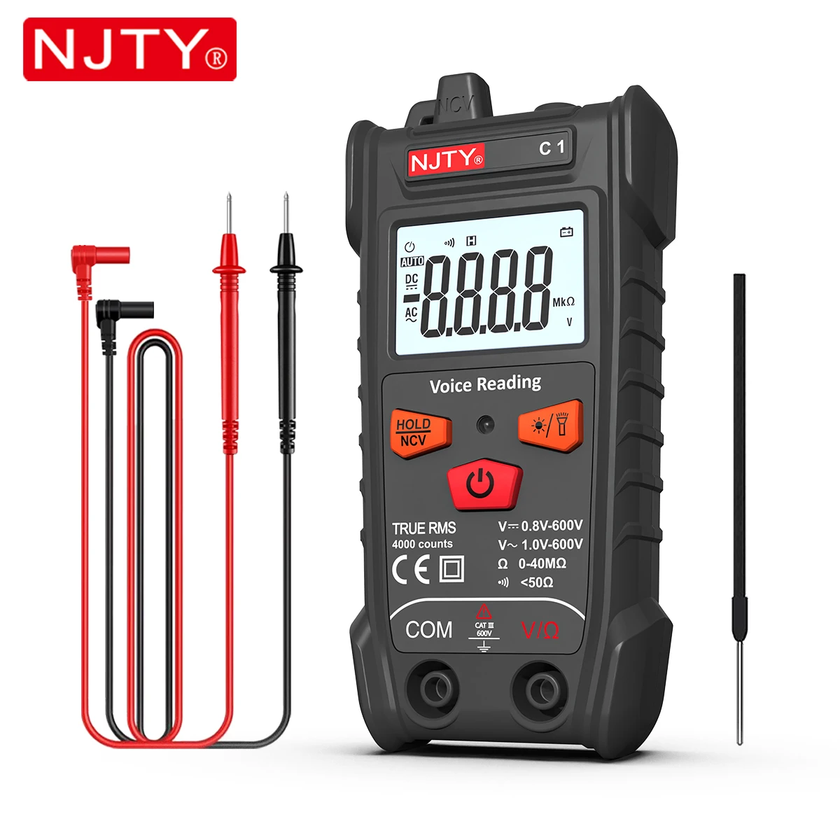 NJTY T1 C1 Digitales Multimeter, intelligent, 4000 Zählungen, automatischer Bereichswahlschalter, TRMS, AC/DC-Spannung, Widerstandsmessgerät, Tester, hintergrundbeleuchtetes LCD, intelligent