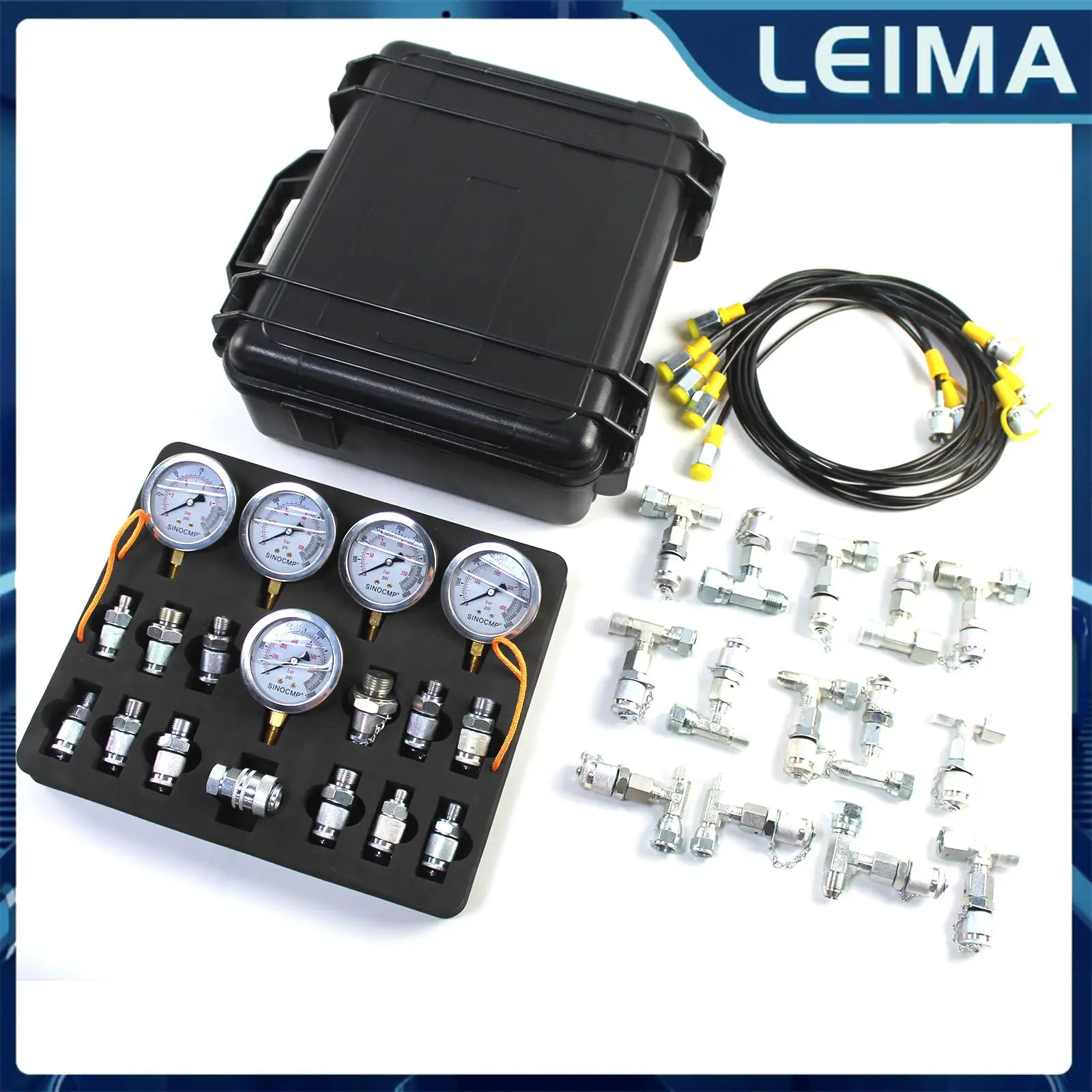 Kit de Prueba Hidráulica con 5 Manómetros, 5 Mangueras de Prueba, 13 Conectores, 14 Conectores en T, 0-60Mpa para Autos, Excavadoras, Tractores y Maquinaria