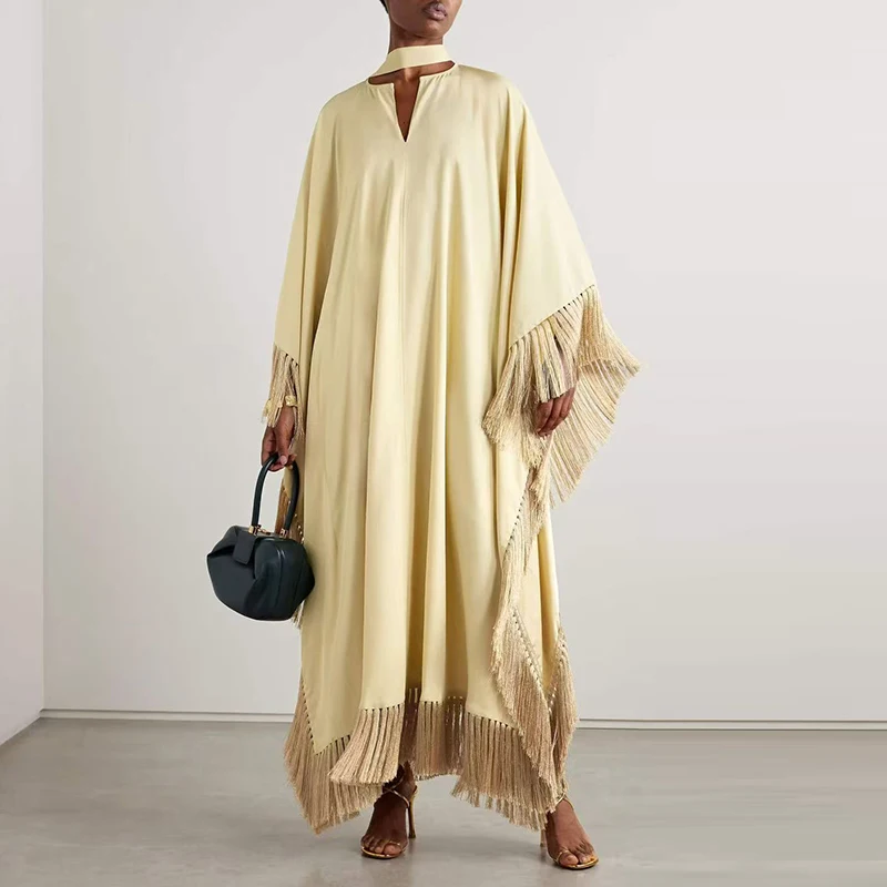 Szaty Kobieta Solidne Frędzle Nieregularne Długie Sukienki Wiosna Flare Długi Rękaw Luźna Sukienka Maxi Moda V Szyja Wiązanie Boho Party Dress