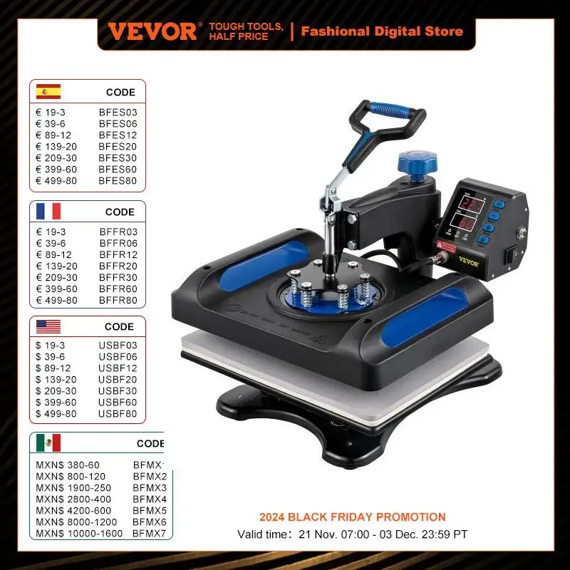 

VEVOR Heat Press Machine 12 x 15 /15x15 Inches Fast Heating 360 Swing Away Digital Sublimation T-shirt Vinyl Transfer Printer