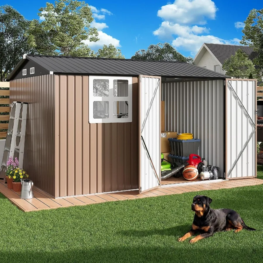 Outdoor Storage Shed with Clear Window for Tools, Brown Polyethylene, Weather-Resistant, Lockable Door and Ventilation