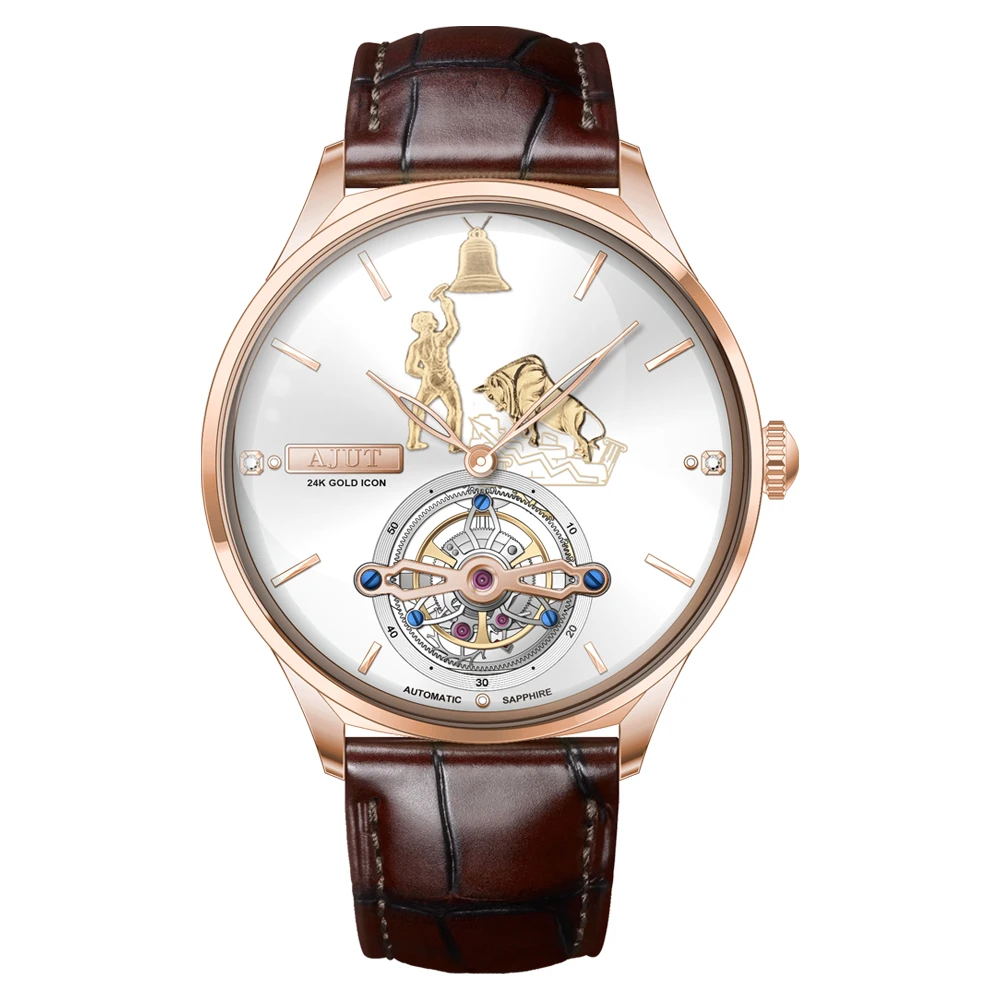 Ajut automático tourbillon relógios mecânicos para homem superfície com padrão solar 24k ouro auto vento voando turbilhão homem relógio 0375
