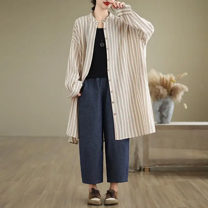 

Retro Striped Cotton Linen irt Jaet Women's Spring Autumn Artistic Large Size Commute Open Cardigan Long irt
