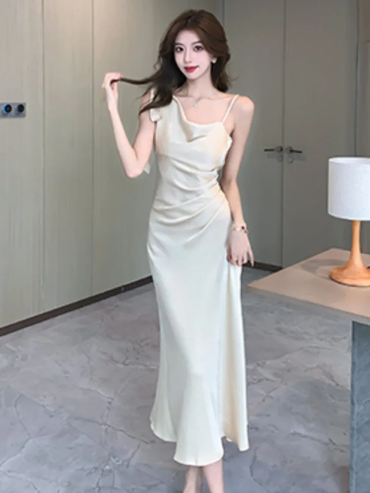 Summer Slim Fit Svel Satin Dr Women's High Waist Fi Tail Gown Design Sense Strap Dr French Sle A-Line Skirt