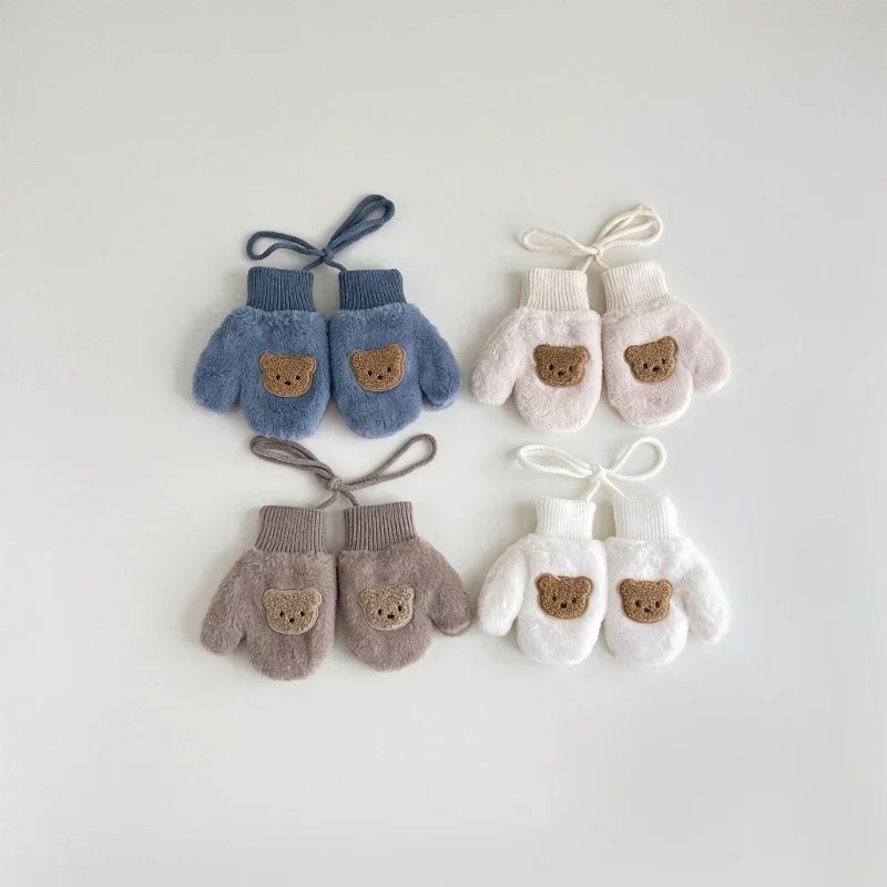 

Baby Mittens Anti-skid Winter Warm Gloves Cartoon Bear Thick Mitten with Rope for Boys Girls Children Toddler(1-4Years) 15UB