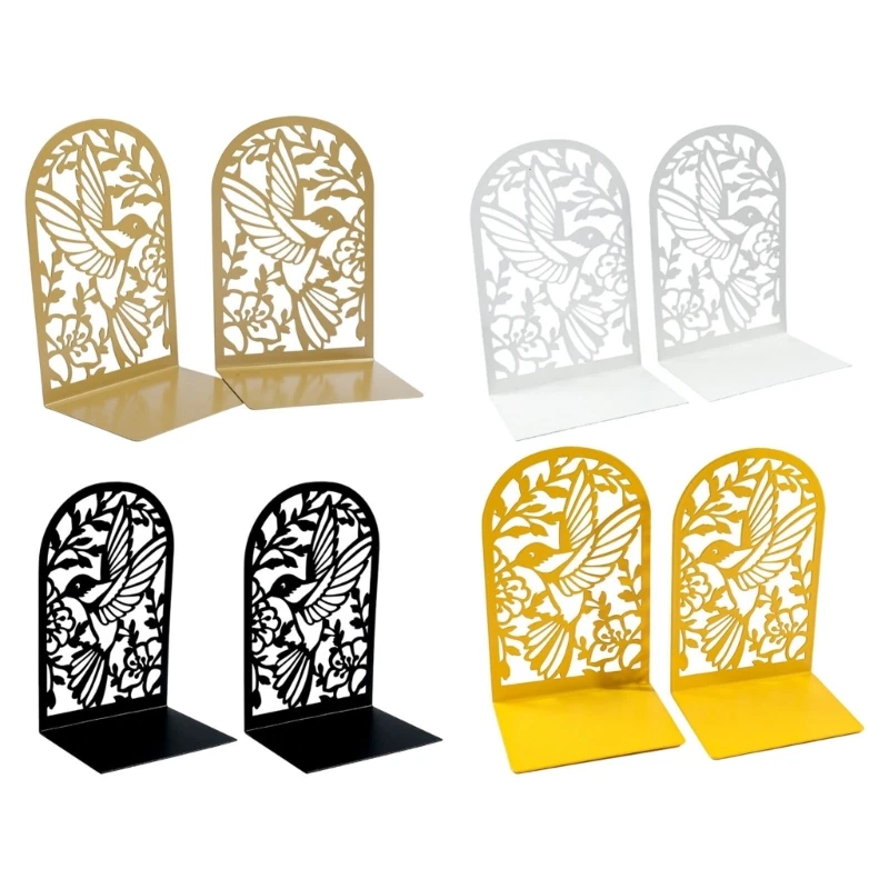 C90C 2Pieces Metal Book Ends for Desk and Shelf Hollow Bird Flower Bookends Heavy Duty Bookends Slip Resistant Book Support