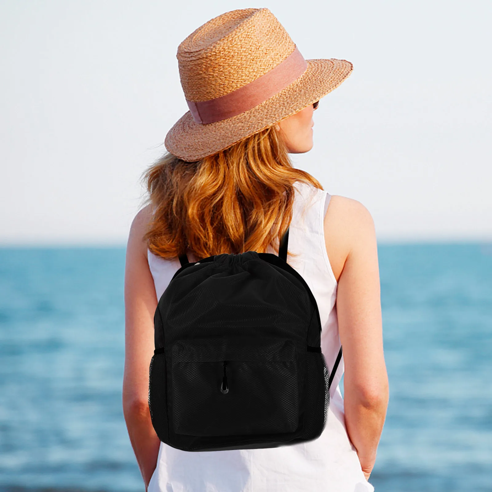 Tas Ransel Kain Oxford Kapasitas Besar Tali Bahu Ganda Tas Olahraga Tahan Lama Tas Sekolah Perjalanan Kasual Tas Serut Tas Basah Hitam